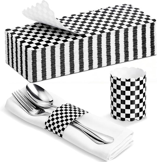 300 Pcs Black Checkered Paper Napkin Rings Disposable Napkin Bands Self Adhesive Black White Plaid Silverware Wrap Band for Birthday Holiday Party Dinner Table Setting Decoration