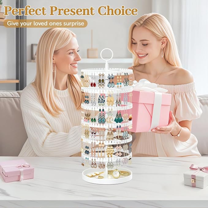 MODOWEY 6 Tier Rotating Earring Holder Organizer Display Tree with Metal Tray, Adjustable Plastic Stand with 342 Slots for Stud Hoop Hanger, Large Capacity Storage Rack for Women Space-Saving, White