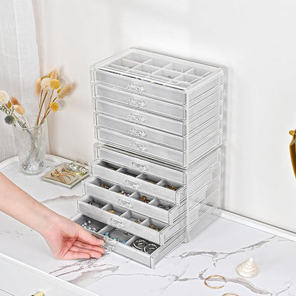 ProCase Earring Holder Organizer Jewelry Box with 10 Drawers, Acrylic Clear Earring Case with Adjustable Velvet Trays for Women - Grey, 10 Layers