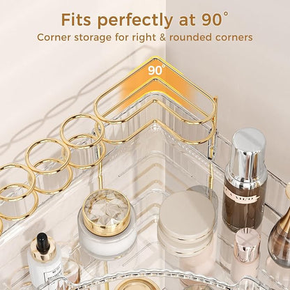 BEFSOP Corner Bathroom Counter Organizer, Upgraded 2-Tier Makeup Organizer Countertop with Makeup Brush Holder, Skincare Exquisite Vanity Organizers Countertop Bathroom Storage Dresser(CLEAR)