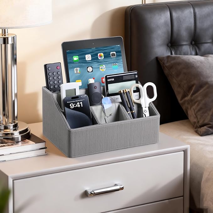 PU Leather Desk Organizer, Luxury Remote Control Holder for Home, Office Desk Accessories Table Caddy Bedside Nightstand Organizer (Grey)