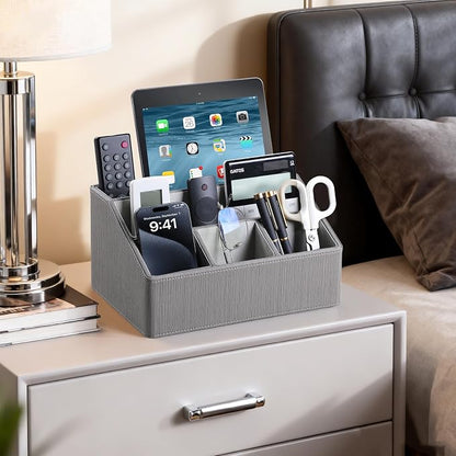 PU Leather Desk Organizer, Luxury Remote Control Holder for Home, Office Desk Accessories Table Caddy Bedside Nightstand Organizer (Grey)