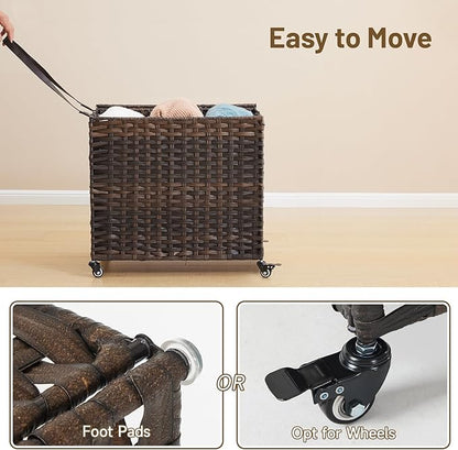 Laundry Hamper with Wheels, 34.3 Gallon(130L) Rolling Laundry Basket with Lid, 3-Section Rattan Clothes Hamper with 3 Removable Liner & 3 Mesh Bags, Laundry Sorter with Side Pocket, Brown