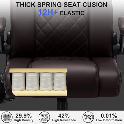 VANSPACE Executive Office Chair with Adjustable Lumbar Support and Headrest 440lbs Ergonomic Computer Chair Comfy High Back Swivel Rolling Office Chair with Flip-up Arms for Heavy People(Brown)