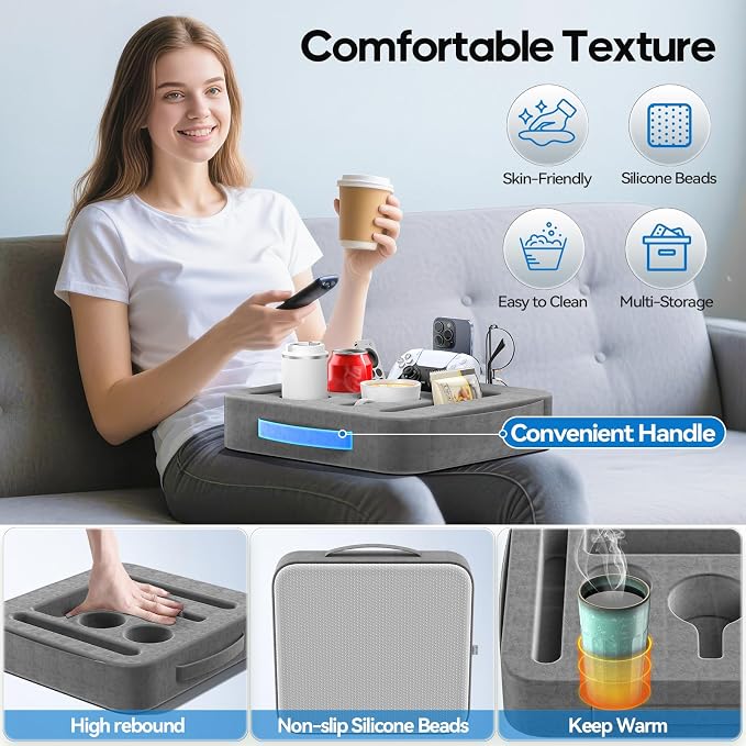 Couch Cup Holder Tray, Couch Caddy for Drink, Snack, Phone, Remote, Ipad, Game Controller, Large-size Sofa Cup Holder for Bed, Sofa, Car, Desk, Deep Gray