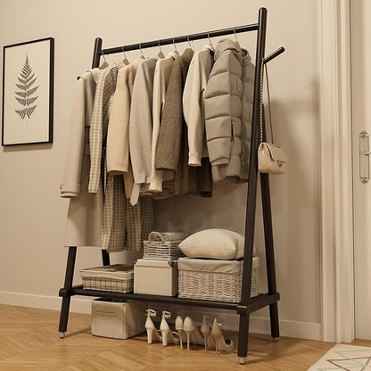Solid Wood Clothing Rack, Rolling Clothes Rack for Hanging Clothes, Garment Rack with Shelves Load 350 Lbs, Portable Closet Organizer on Wheels for Hanging Clothes (Black)
