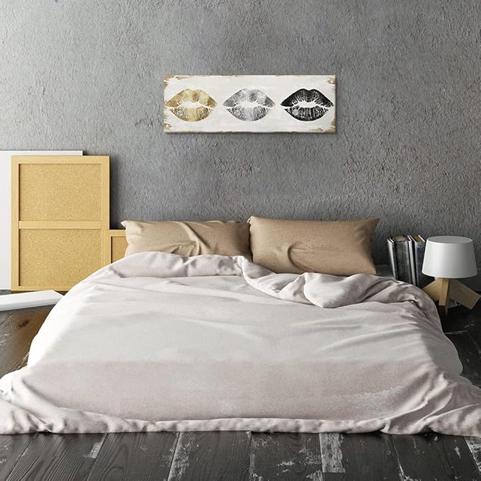 7CANVAS Gold and Silver Lip Canvas Art Retro Poster Sexy Pictures for Bedroom Makeup Room Bathroom Home Decoration 36x12Inch