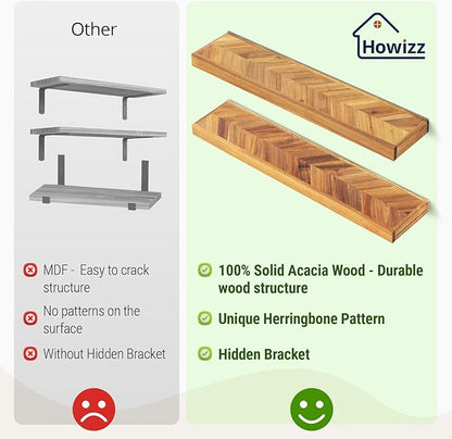 Howizz 36" Acacia Chevron Floating Shelves Set of 2 - Wall Mounted Wooden Shelf for Stylish Home Décor - Natural Color - 36x6.7x1.5 Inches