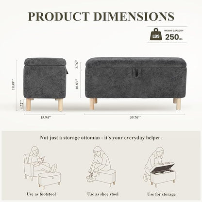 Ottoman with Storage, Storage Ottoman Bench, Entryway Bench with Wood Legs for Living Room, Sitting Area, 2PCS, Dark Grey