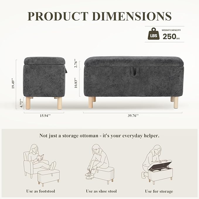 Ottoman with Storage, Storage Ottoman Bench, Entryway Bench with Wood Legs for Living Room, Sitting Area, Dark Grey