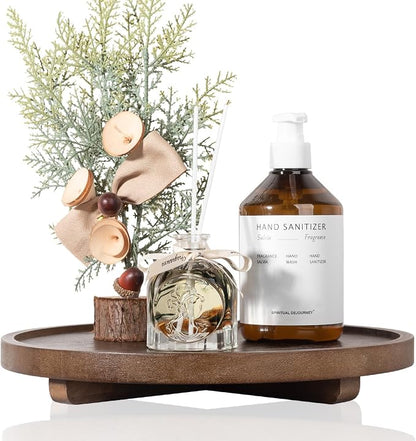 Round Decorative Tray Wood Bathroom Counter Organizer Farmhouse Kitchen Decor Wooden Riser for Soap Dish, Perfume, Candle, Sponge, 12" - Walnut