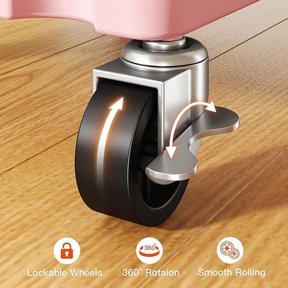 Pipishell 4-Tier Rolling Cart, Plastic Cart with Lockable Wheels & Reinforced Handle, Lightweight Utility Storage for Nursery, Bathroom, Craft Room, Pink