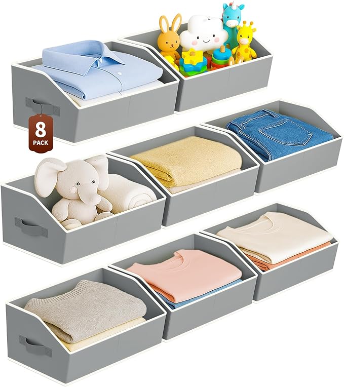 Homsorout Large Closet Organizers and Storage Bins - 8 Pack Trapezoid Storage Baskets for Shelves, Foldable Fabric Baskets with Handles Ideal for Closet, Basket, Wardrobe and Shelf Storage, Grey