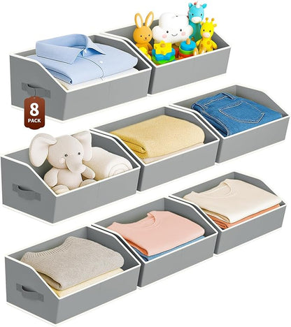 Homsorout Large Closet Organizers and Storage Bins - 8 Pack Trapezoid Storage Baskets for Shelves, Foldable Fabric Baskets with Handles Ideal for Closet, Basket, Wardrobe and Shelf Storage, Grey
