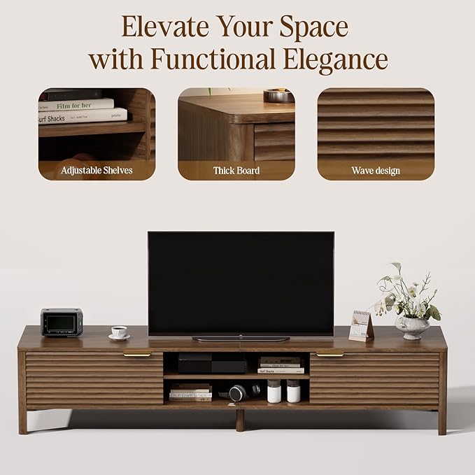 IKALIFE TV Stand for Living Room - up to 80 Inch TVs Mid Century Modern Entertainment Center with Storage and Adjustable Shelves, Media Console Table Walnut 70"