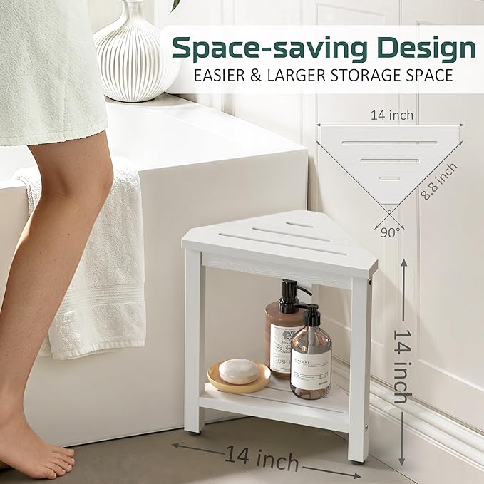Shower Foot Rest 14in, HDPE Waterproof Shower Stool for Inside Shower, Corner Shower Stool for Shaving Legs with Storage Shelf, Shower Step Stool for Small Space, Plastic Corner Shower Bench, White