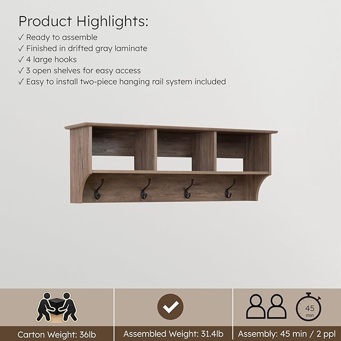 Prepac Drifted Gray 48" Contemporary Wall Mounted Coat Rack, Coat Hooks Wall Mount with 3 Shelves, Ideal for Hallway or Entryway Hanging Solution, 11.5"D x 48"W x 14.25"H