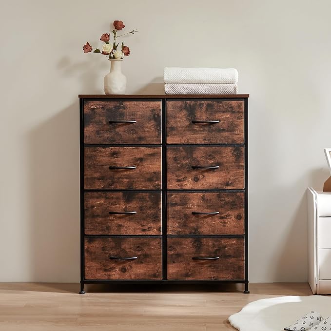 Sweetcrispy Dresser for Bedroom with 8 Storage Drawers, Large Fabric Storage Tower Organizer, Chest of Drawers with Metal Frame Wooden Top for Closet, Living Room, Entryway, Tank