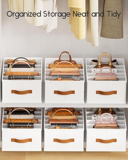 Homsorout Purse Organizer for Closet, Fabric Handbag Storage Organizer with Handles, Foldable Bag Organizer Drawer for Flat Handbags, Clothes, Towels or Pants, Closet Storage Organizer, White, 6 Pack