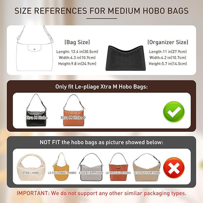 Doxo Purse Organizer Insert Compatible with Longchamp Xtra Hobo M Bag, Extra Lightweight Waterproof Bag Organizer with YKK Zip（Black, Hobo）