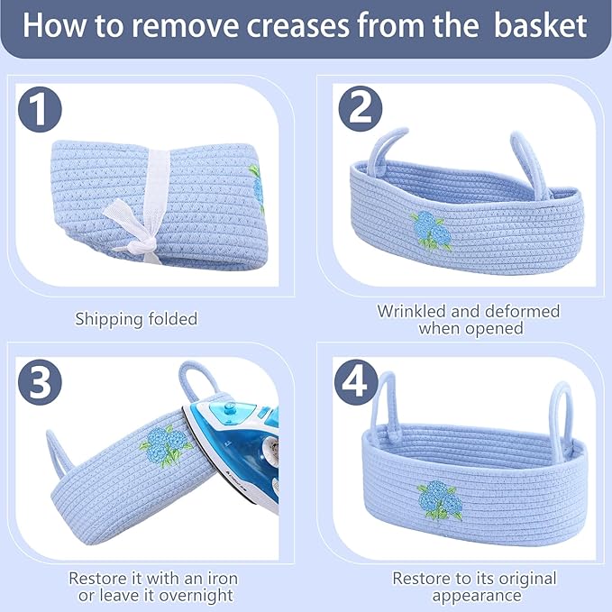 Vesici Hydrangea Toilet Paper Basket Boho Woven Cotton Rope Bathroom Countertop Organizer with Handle Blue Hydrangea Bathroom Storage Decor for Toilet Closet Bedroom Nursery, 13 x 6 x 4 Inch