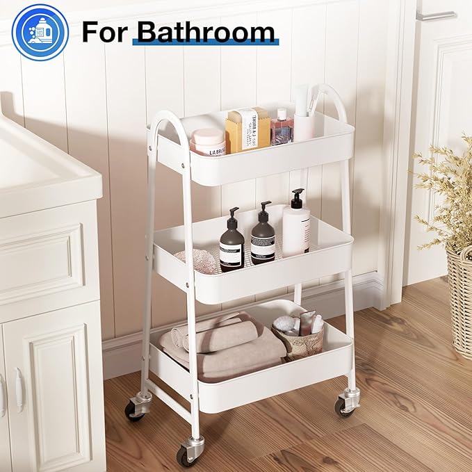 OLIXIS Metal 3 Tiers Utility Rolling Cart, Mobile Storage Shelf with Lockable Caster Wheels, Organization for Livingroom, Bathroom & Narrow Places, White