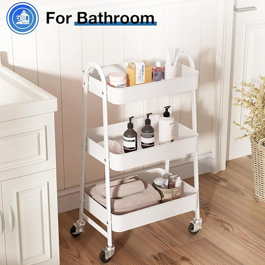 OLIXIS Metal 3 Tiers Utility Rolling Cart, Mobile Storage Shelf with Lockable Caster Wheels, Organization for Livingroom, Bathroom & Narrow Places, White