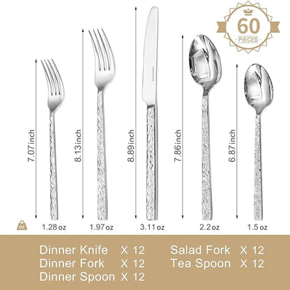 KINGSTONE 60 Pcs Hammered Silverware Set for 12, 18/10 Stainless Steel Heavy Duty Flatware Set, Tableware Cutlery Utensil Sets for Home Restaurant Dishwasher Safe