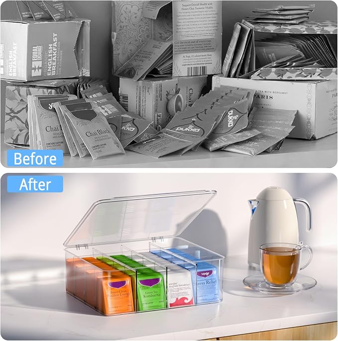 Tea Bag Organizer with Lid: Plastic Storage Bin - 16 Compartments with Removable Dividers, Stackable Pantry Storage Box for Drawers, Countertops, Fridge, Kitchen (2 Pack)