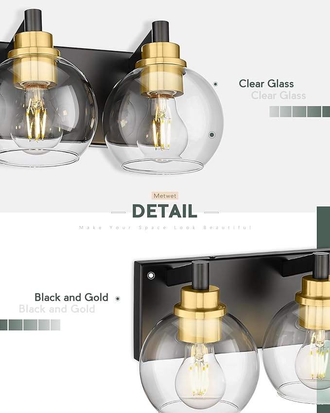 Bathroom Light Fixtures, 5-Light Black and Gold Bathroom Vanity Light, 32 Inch Modern Wall Sconces with Globe Clear Glass Shade, Vanity Lighting Fixtures Over Mirror, VL195-KG-5