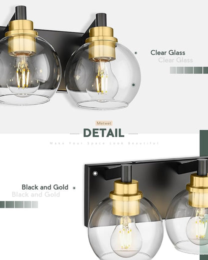 Bathroom Light Fixtures, 5-Light Black and Gold Bathroom Vanity Light, 32 Inch Modern Wall Sconces with Globe Clear Glass Shade, Vanity Lighting Fixtures Over Mirror, VL195-KG-5