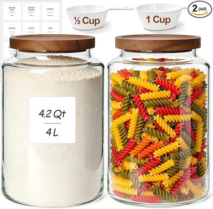 ComSaf 2Pcs (4.2Qt) Wide-Mouth Flour Sugar Storage Containers - Include Scoops & Labels, Easy to Scoop & Airtight, Large Glass Jar for Bakers to Store Bulk Flour, Rice, and Dry Goods in Kitchen Pantry