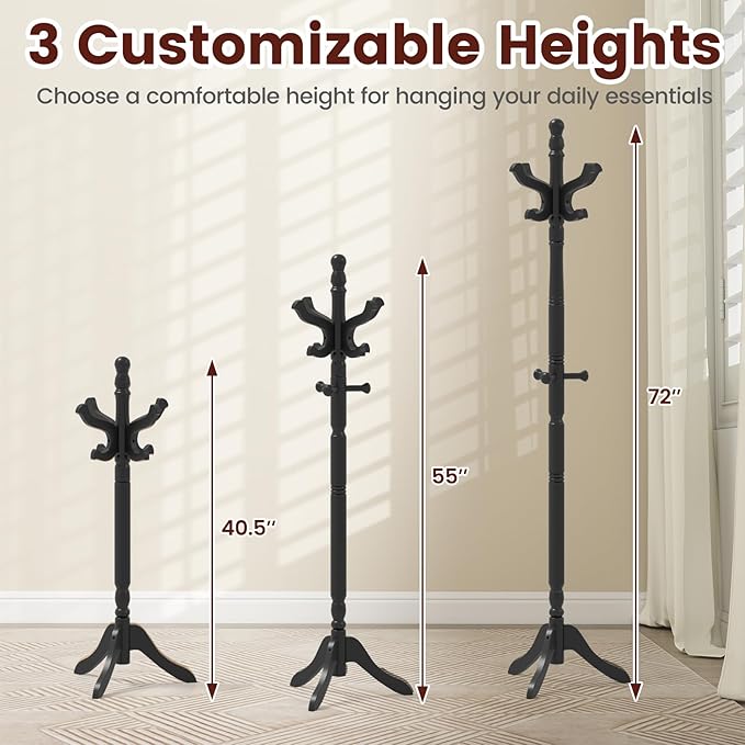 Giantex Solid Wood Coat Rack, Freestanding Hall Tree with 3 Adjustable Heights and 11 Hooks, Rubber Wood Frame, Entryway Hanger Stand, Wooden Garment Rack for Hallway, Living Room (Black)