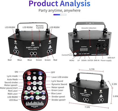 9 Eyes DJ Disco Light, RGB Party Stage Lights by Remote and DMX512 Control, Sound Activated LED Pattern Strobe Lights for Parties Live Light Show Xmas Bar Club Disco Dancing (9 Eyes Lights)