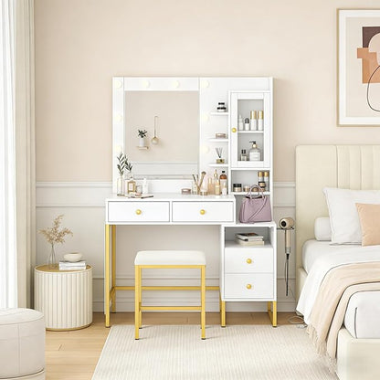 KAMABOKO White Modern Vanity Desk with Mirror & Lights, Makeup Vanity Table with 4 Drawers, 1 Glass Cabinet, 3 Lighting Color Adjustable, Girls Dressing with Stools for Bedroom