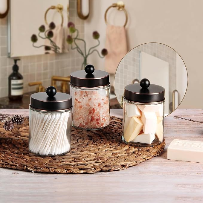 Apothecary Jar Canisters Bathroom Vanity Organizer - Qtip Holder Storage Organizer Countertop -Stainless Steel Lids &Cute Stickers for Qtips,Cotton Swabs,Makeup Sponges,Floss(3 Pack) (ORB)