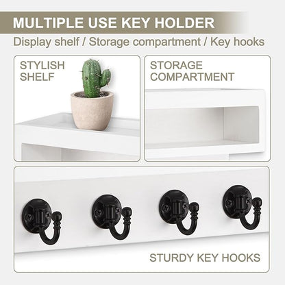 Key and Mail Holder Wall Mount, Key Hanger with Long Storage Box and 6 Hooks for Coat, Dog Leash, Home Decor Rack, House Accessories, Entry Way Organizer (White)