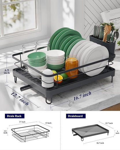 Kitsure Dish Drying Rack for Kitchen Counter, Stainless Steel Sink Organization and Storage Essentials with Cutlery Holder, Home and Appartment Decor, 12.7''W x 16.7''L, Grey