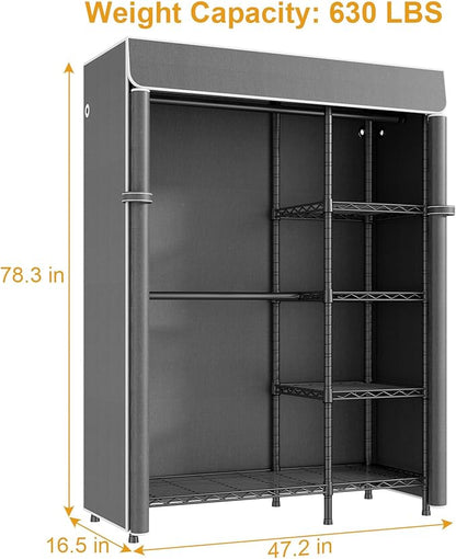 F2C Clothes Rack with Cover, Clothing Racks for Hanging Clothes, Heavy Duty Garment Rack with Shelves and Hanger Rods, Black Closet with Dark Gray Cover, 47.2"W x 16.5"D x 78.3"H, Load 630lbs
