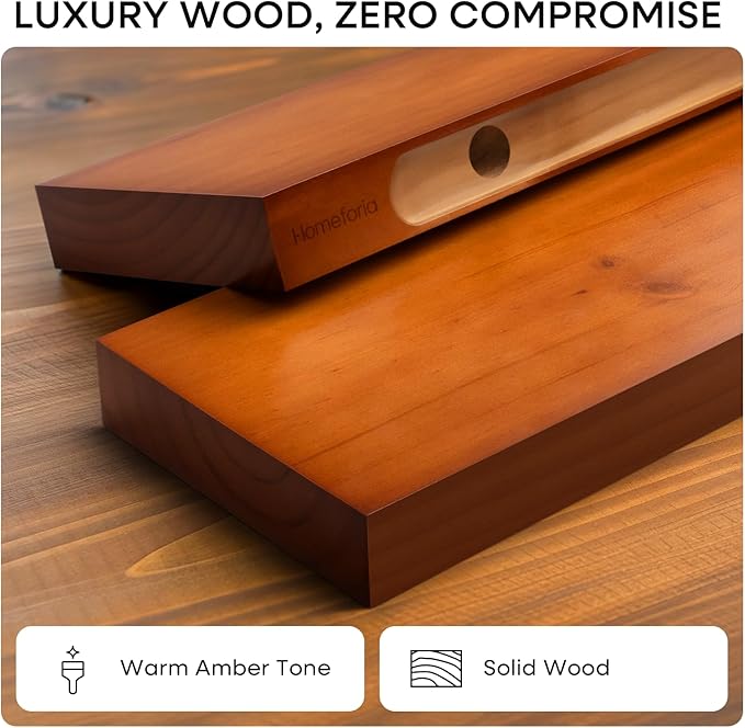 Homeforia Oak Floating Shelves 36 inches Long, High End Solid Real Wood 36 inch Floating Shelf for Room Wall, Honey Oak Wooden 36inch Kitchen Shelves, Heavy Duty Bracket, 36 X 6.5 X 1.75 in, Set of 2