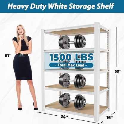 PrimeZone 24" W x 16" D x 59" H Closet Storage Shelves - 5 Tier White Metal Connector Shelving Unit, Adjustable Heavy Duty Garage Shelves, Utility Rack Organizer Shelf for Kitchen Pantry Closet, 2 PCS