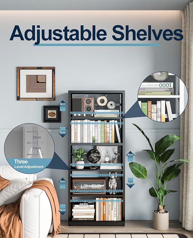 METALOONG 5-Cube Bookshelf, All Steel Bookcase with Adjustable Shelves & Anti-Tip Kit for Home Office, Hallway, and Garage, Modern Tall Display Shelves, Heavy-Duty Storage Organizer (Black)
