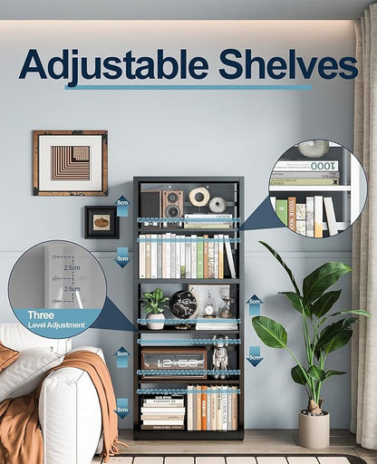 METALOONG 5-Cube Bookshelf, All Steel Bookcase with Adjustable Shelves & Anti-Tip Kit for Home Office, Hallway, and Garage, Modern Tall Display Shelves, Heavy-Duty Storage Organizer (Black)