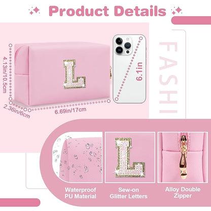 Small Personalized Initial A-Z Patch Makeup Bag,Pink Cute PU Leather Glitter Letter Cosmetic Bag for Teen Girls,Travel Toiletry Bag with Zipper,Preppy Monogrammed Birthday Gift for Daughter Niece L