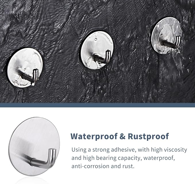 Rise age Adhesive Hooks Heavy Duty Waterproof in Shower Hooks for Hanging Loofah, Towels Clothes for Bathroom Removable Stainless Steel Brush Nickel Adhesive Wall Hooks 4 Pcs (Sliver)