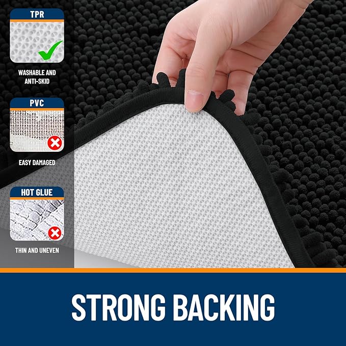 OLANLY Bathroom Rugs 34x21, Extra Soft Absorbent Chenille Bath Rugs, Rubber Backing Quick Dry, Machine Washable Bath Mats for Bathroom Floor, Tub and Shower, Home Decor Accessories, Black