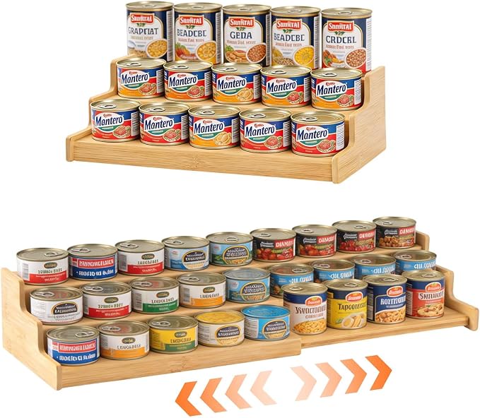 Expandable Bamboo Can Organizer for Pantry AdjustableStackable Can Rack Organizer for Kitchen CabinetCountertop Food Storage Organizer for Cans Jars & SpiceBottles Space Saving Shelf Holder Large