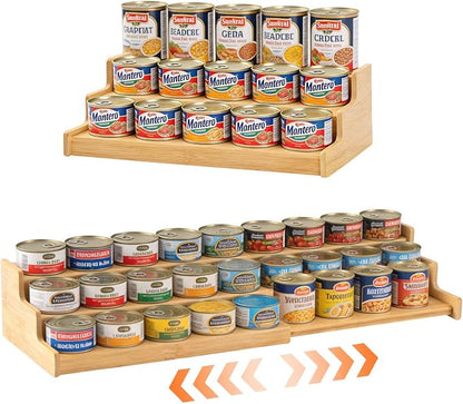 Expandable Bamboo Can Organizer for Pantry AdjustableStackable Can Rack Organizer for Kitchen CabinetCountertop Food Storage Organizer for Cans Jars & SpiceBottles Space Saving Shelf Holder Large