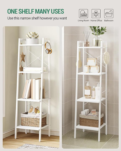 Ladder Shelf, Bookshelf Bookcase, Freestanding Corner Storage Shelve with 2 Hooks for Home Office, Living Room, Kitchen, Bedroom, Industrial, 4-Tier White BC13213W