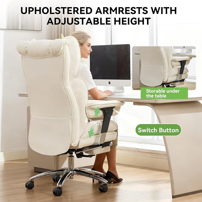 Efomao Big & Tall Executive Office Chair with Footrest - 400lbs Heavy Duty High Back PU Leather Desk Chair, Modern Ergonomic Reclining Computer Chair, White